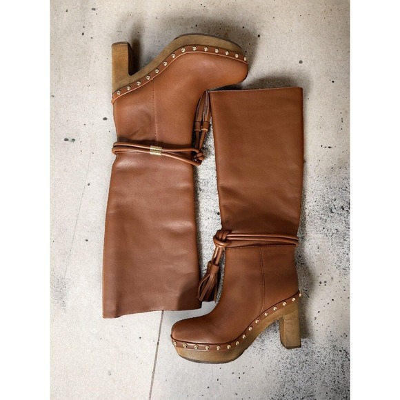 Ulla Johnson Elin Leather Studs Tassel Boots Wood Block Tapenade Size 9 (39) - Picture 3 of 7
